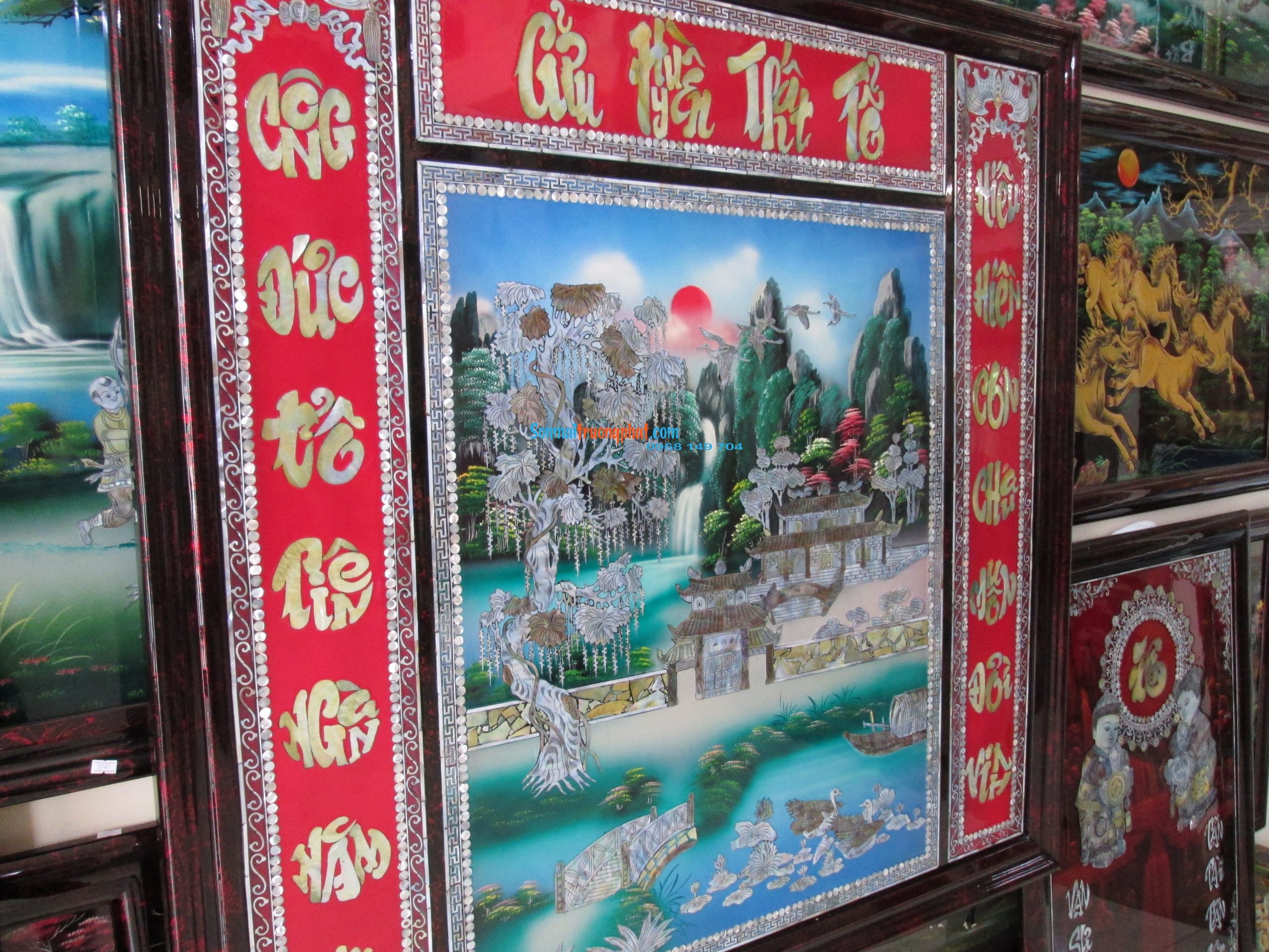 TP2CH5X26--09 Liễn thờ gia tiên-cửu huyền cây đa cẩn ốc xà cừ 126x126