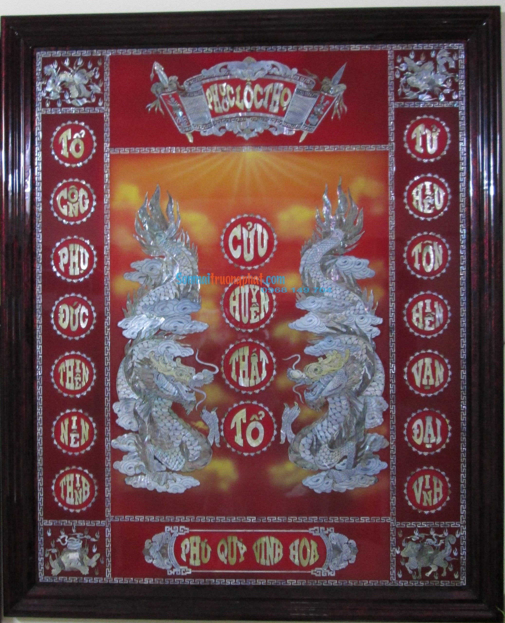 TP2CH6Đ13--02 Liễn Thờ Gia Tiên Song Long cẩn ốc xà cừ 109x133-TP2CH6Đ13