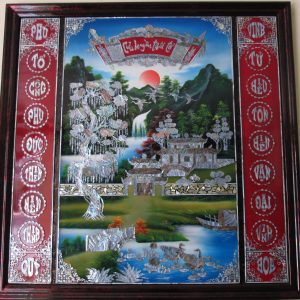 Tranh Liễn Thờ Cửu Huyền Thất Tổ Cẩn Ốc Nổi Nền Xanh 120x120