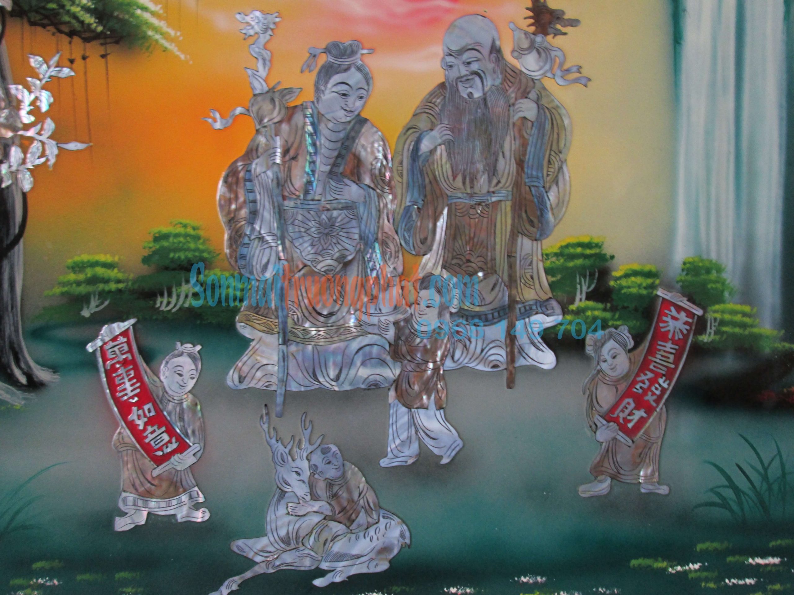 Tranh Sơn Mài Mừng Thọ Cẩn Ốc Đẹp Nền Vàng 60x90 Tranh Sơn Mài Mừng Thọ Cẩn Ốc Đẹp Nền Vàng 60x90