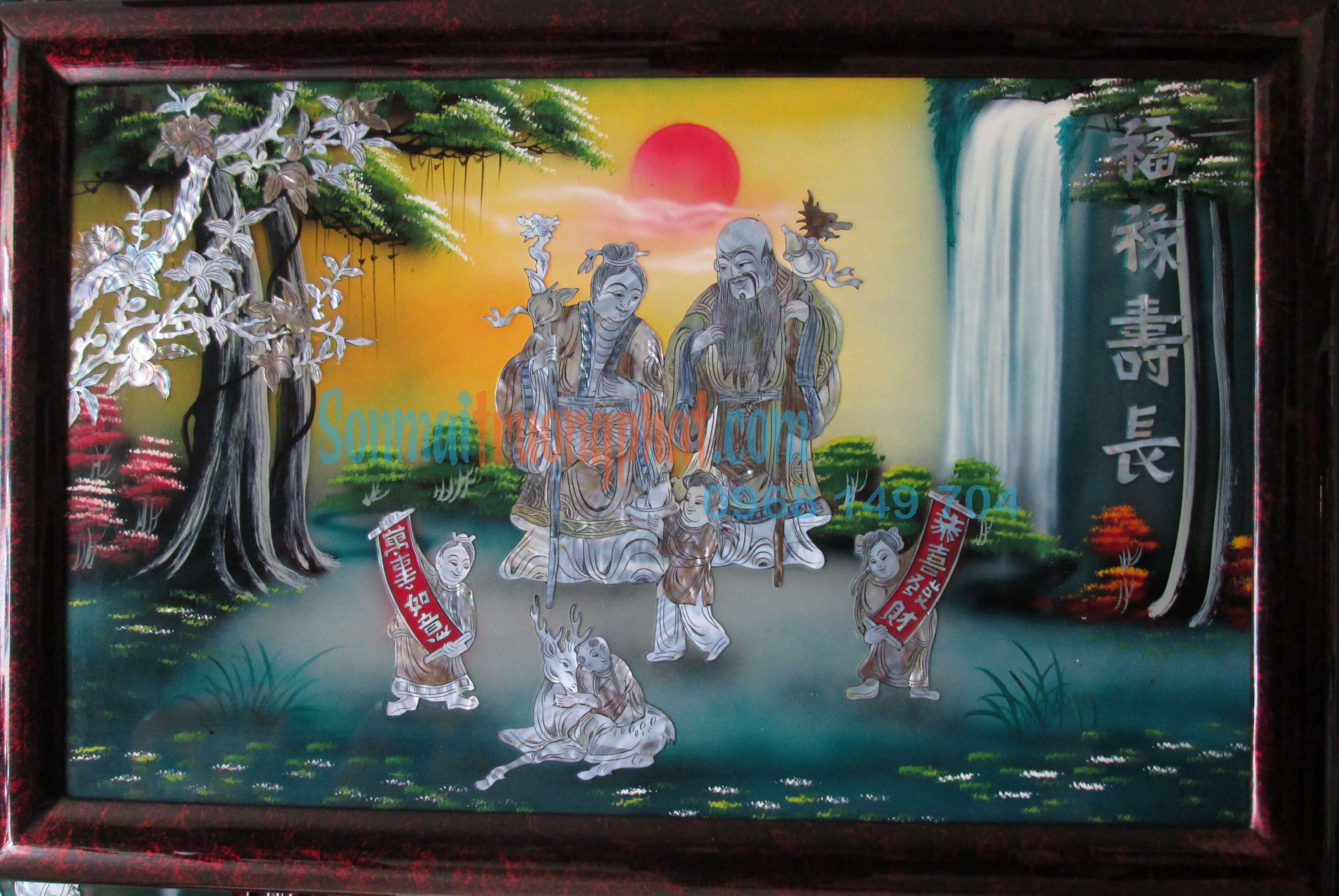 TP4MT1V69--12 Tranh Sơn Mài Mừng Thọ Cẩn Ốc Đẹp Nền Vàng 60x90