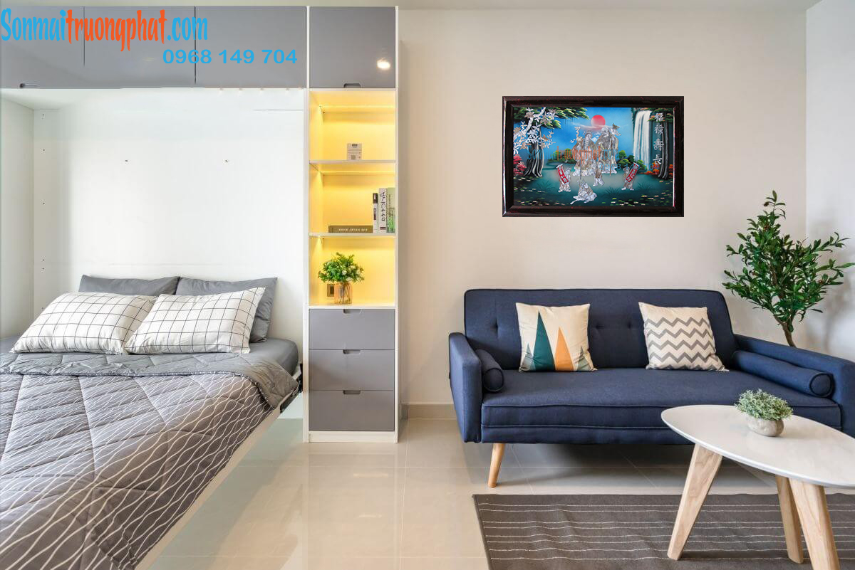 TP4MT1X69--2 Tranh Sơn Mài Mừng Thọ Cẩn Ốc Đẹp Nền Xanh 60x90