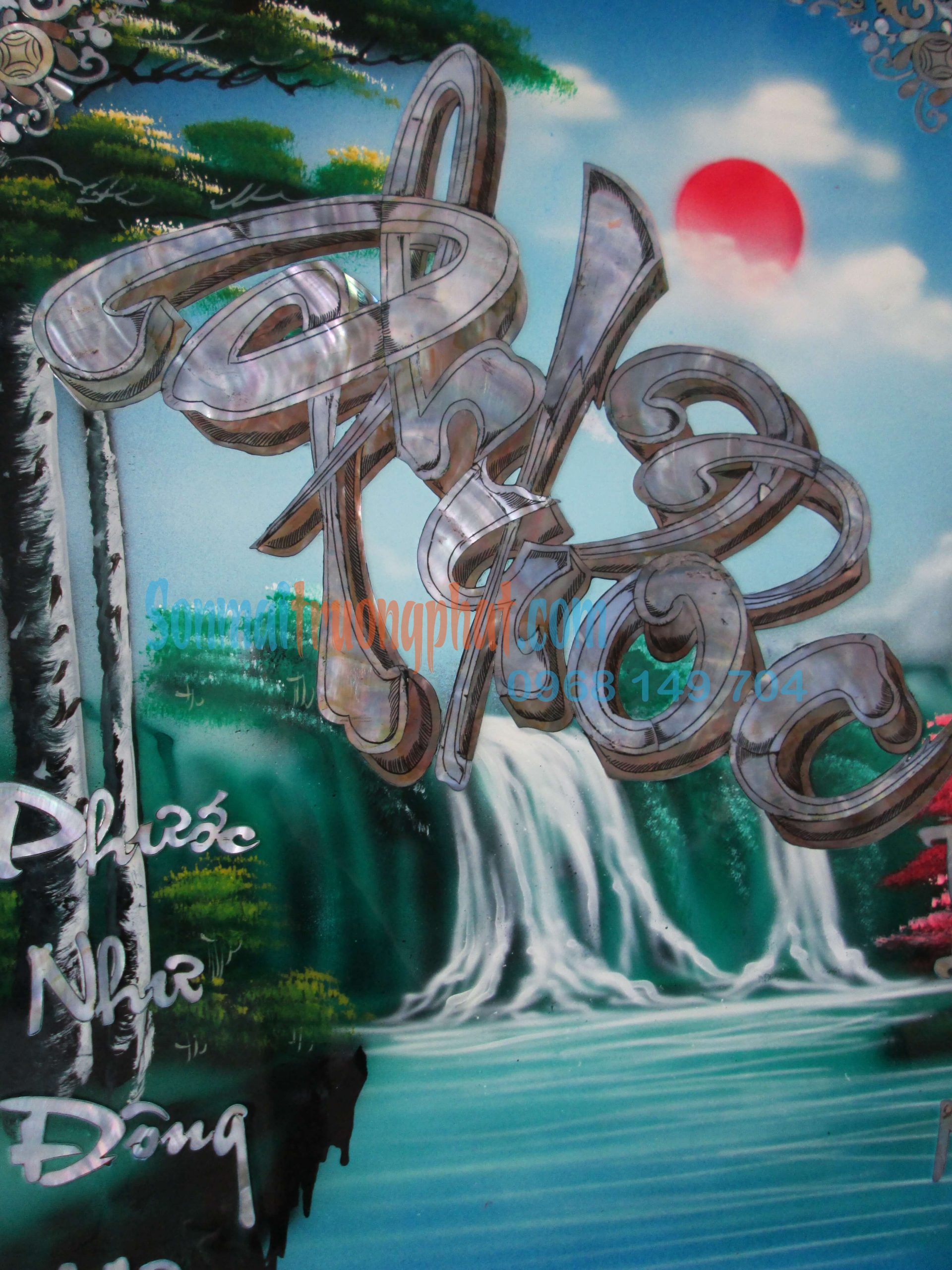 TP8P1X58--01 Tranh Chữ (Phước) Sơn Mài Cẩn Ốc Đẹp Nền Xanh 50x80