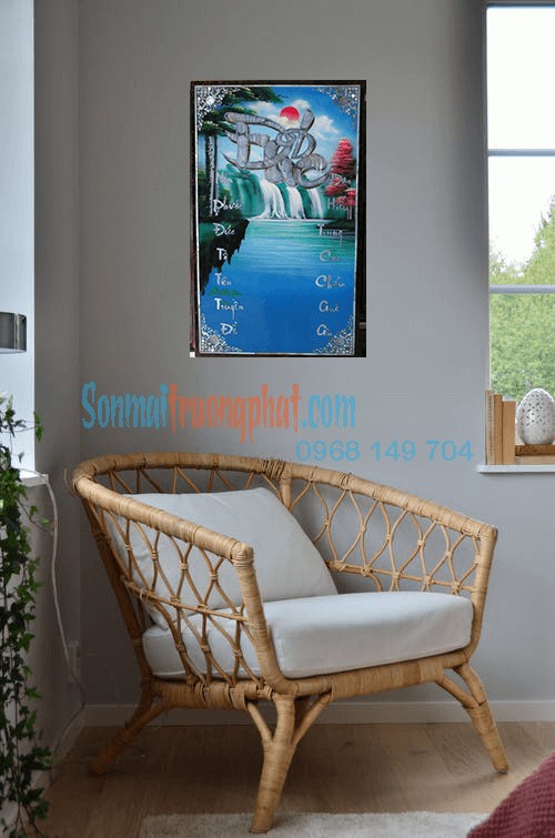 TP8Đ1X58--701 Tranh Sơn Mài Chữ Đức Cẩn Ốc Đẹp Nền Xanh 50x80