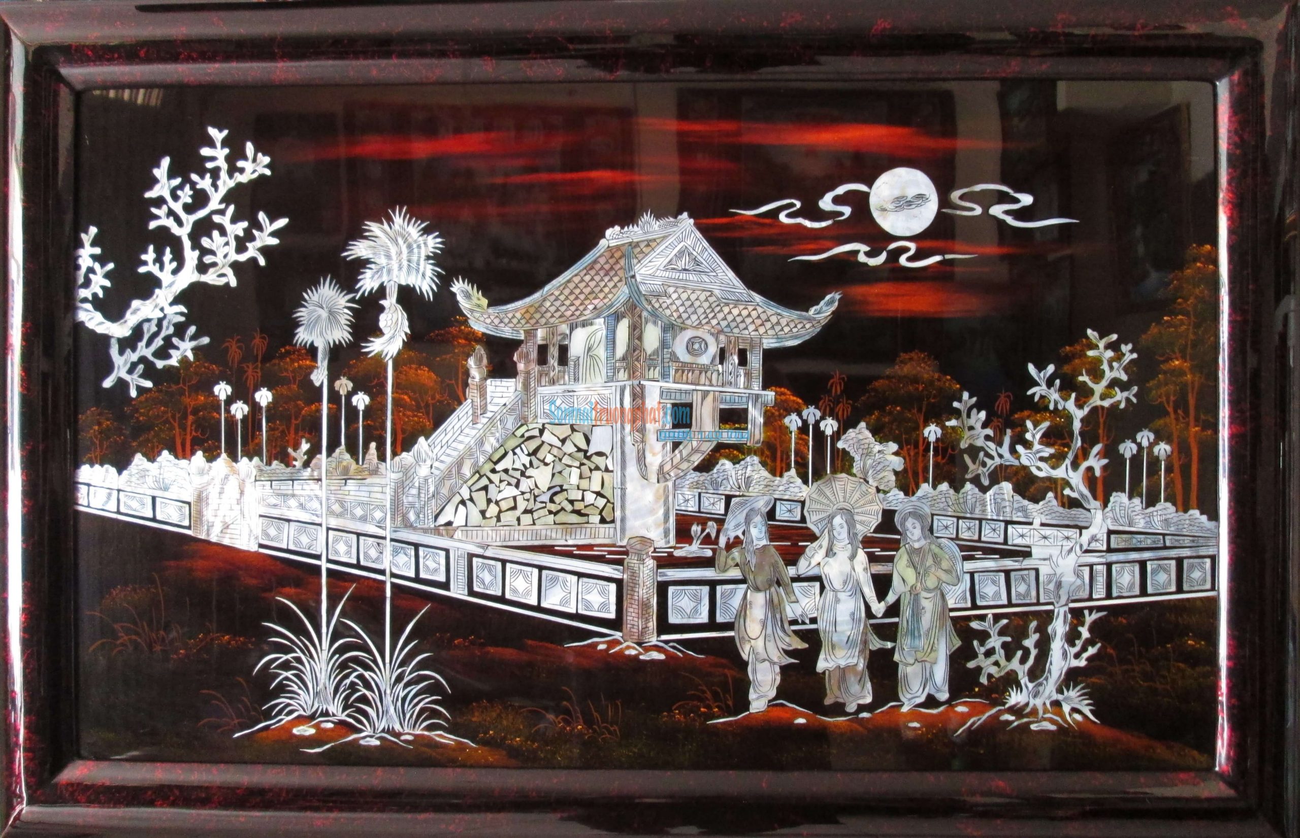 TP6CM1Đ69--01 Tranh Sơn Mài Chùa Một Cột Ốc Chìm Cực Đẹp 60x90