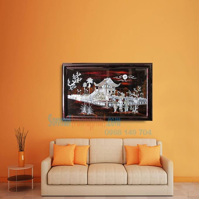TP6CM1Đ69--SP02 Tranh Sơn Mài Chùa Một Cột Ốc Chìm Cực Đẹp 60x90