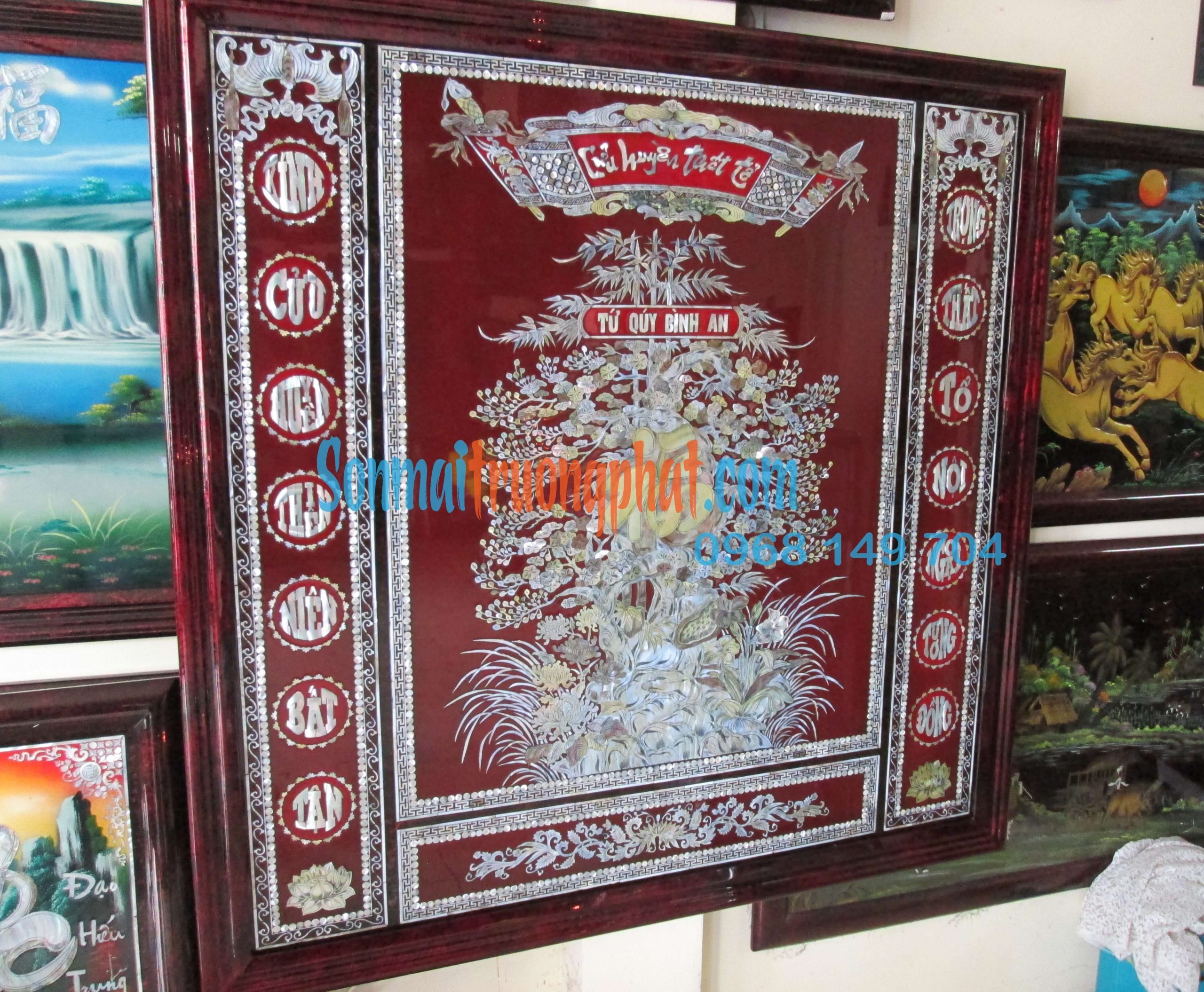 Liễn thờ gia tiên cao cấp, tứ quý cẩn ốc xà cừ cực kì đẳng cấp 133x133(cm) (10) Liễn thờ gia tiên cao cấp, tứ quý cẩn ốc xà cừ cực kì đẳng cấp 133x133(cm)