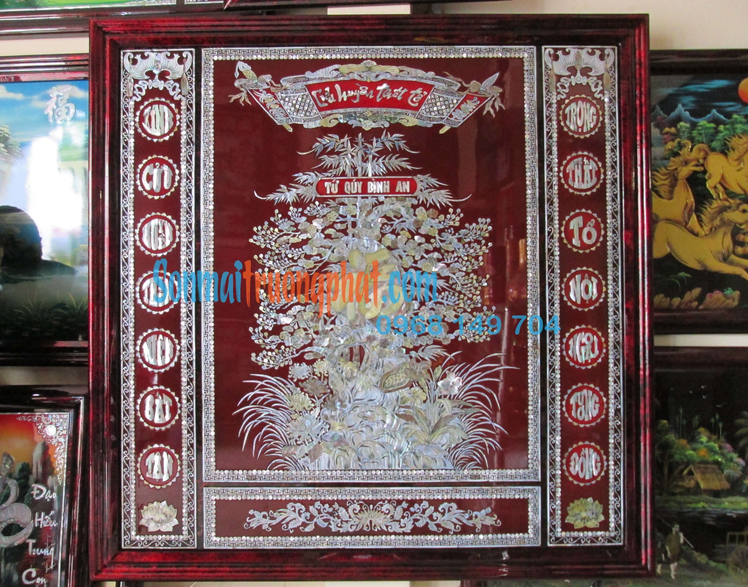 Liễn thờ gia tiên cao cấp, tứ quý cẩn ốc xà cừ cực kì đẳng cấp 133x133(cm) (9) Liễn thờ gia tiên cao cấp, tứ quý cẩn ốc xà cừ cực kì đẳng cấp 133x133(cm)
